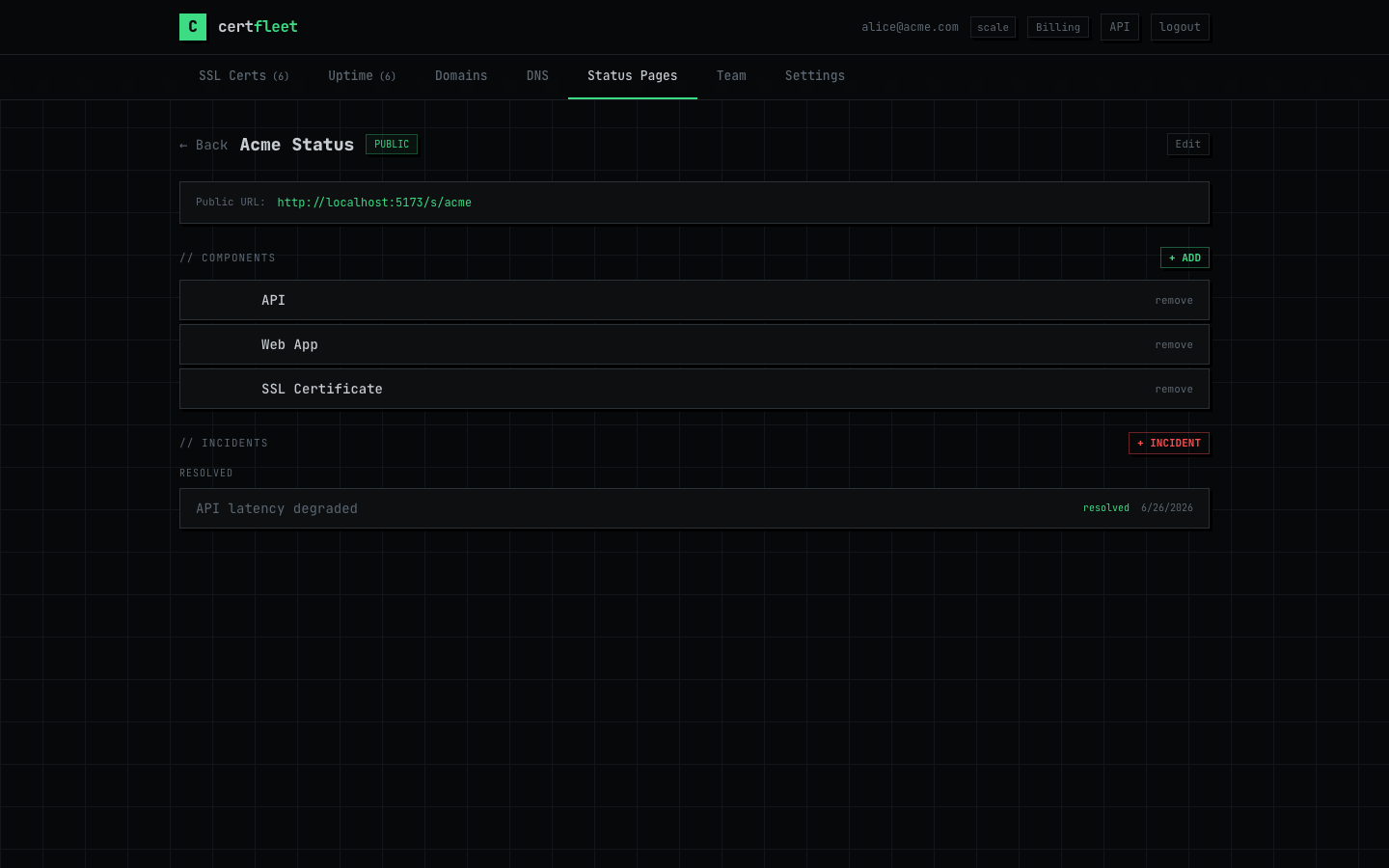 CertFleet status page detail showing components, incident timeline and management options
