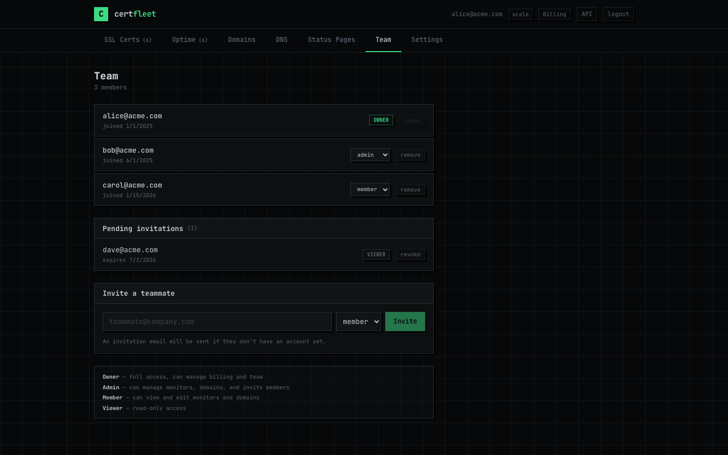Team management with member roles, pending invitations and invite by email