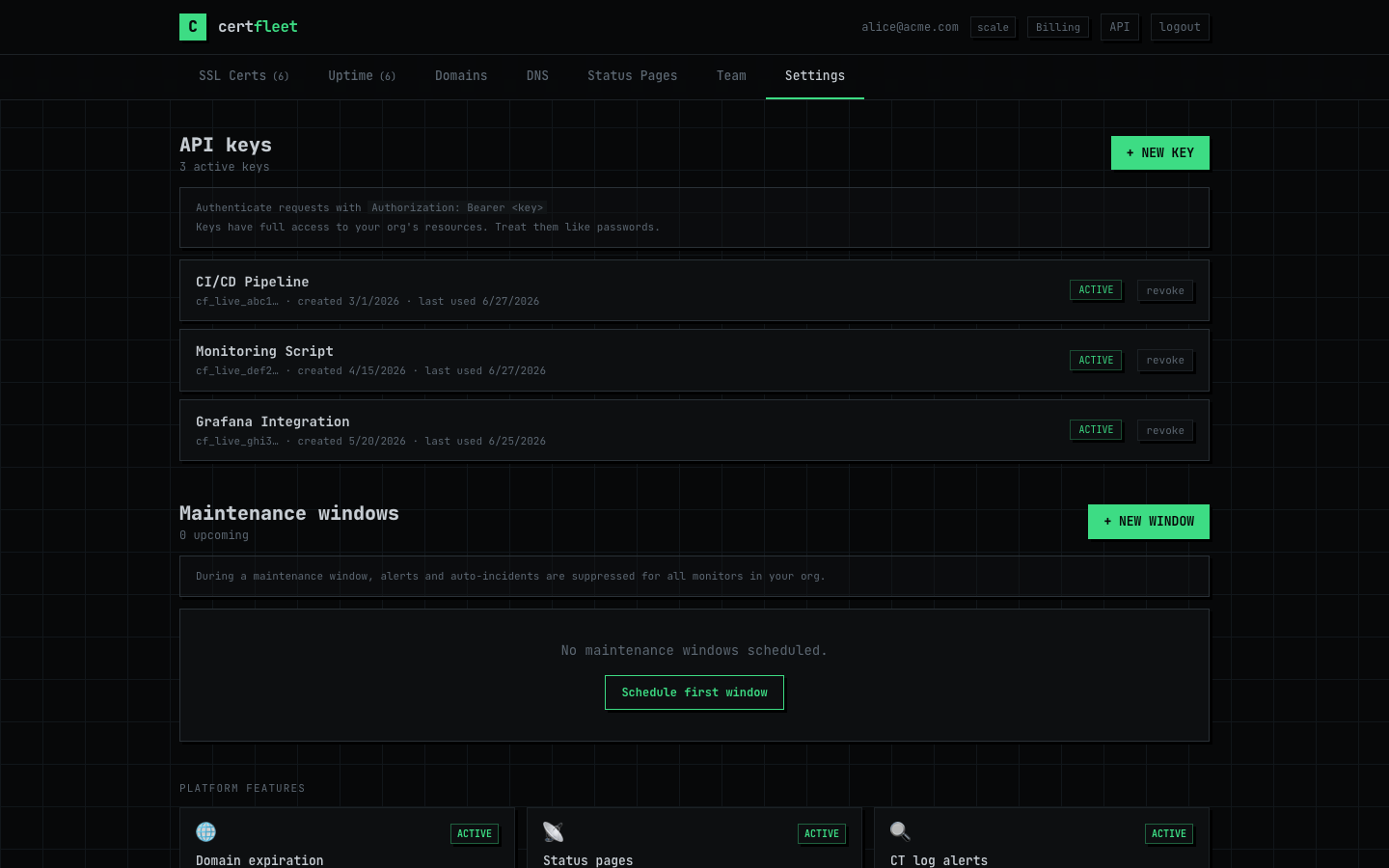 CertFleet API keys management page showing active keys with last-used timestamps