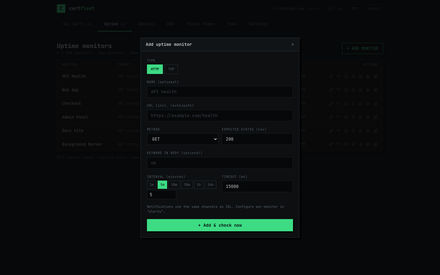 CertFleet add HTTP monitor form showing URL, method, expected status codes, keyword match and interval configuration